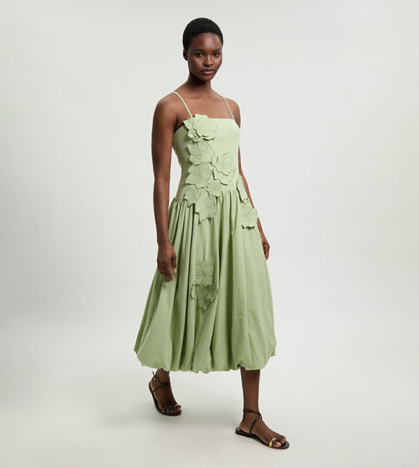 Linen 3D Floral Bubble Hem Midi Dress