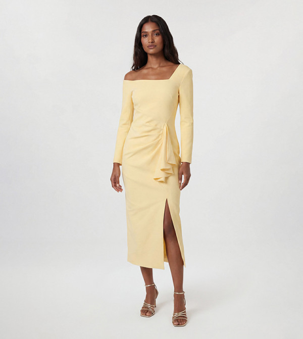 Compact Stretch Asymmetric Neckline Draped Midi Dress