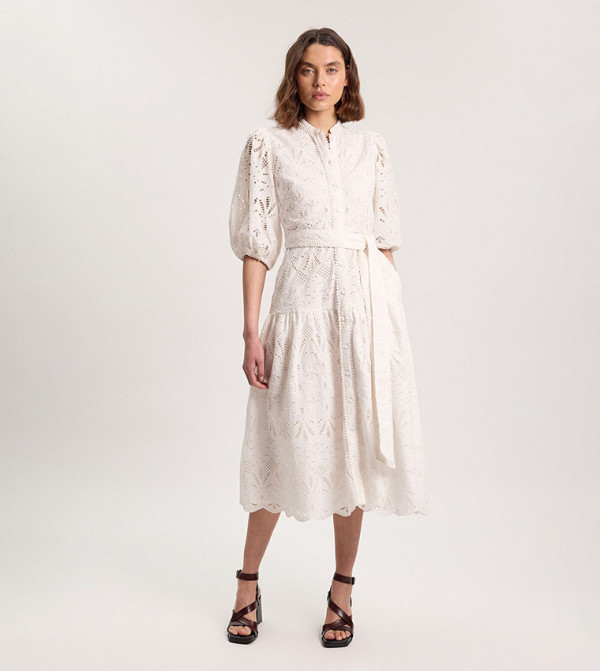 Petite Scalloped Hem Broderie Midi Shirt Dress