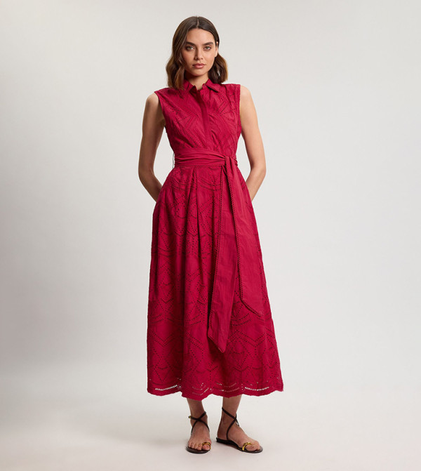 Broderie Scalloped Hem Sleeveless Shirt Dress