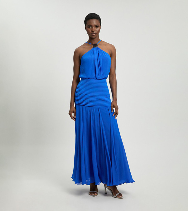 Viscose Georgette Drop Hem Woven Halterneck Maxi Dress