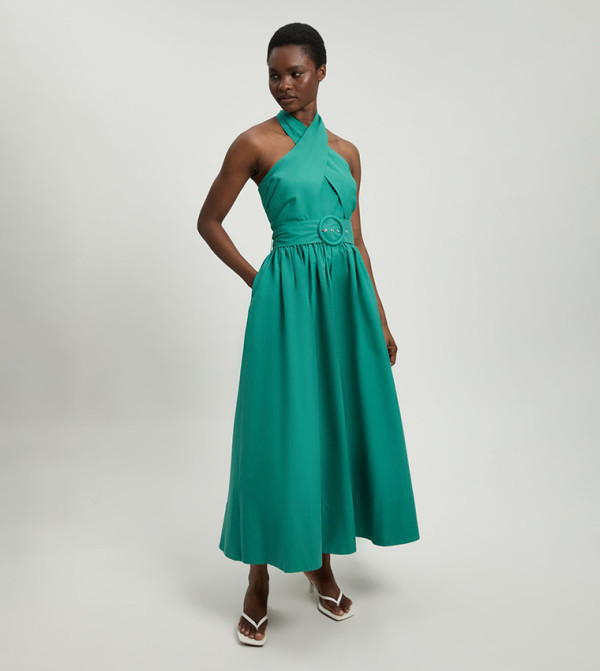 Poplin Cross Over Halterneck Woven Midi Dress