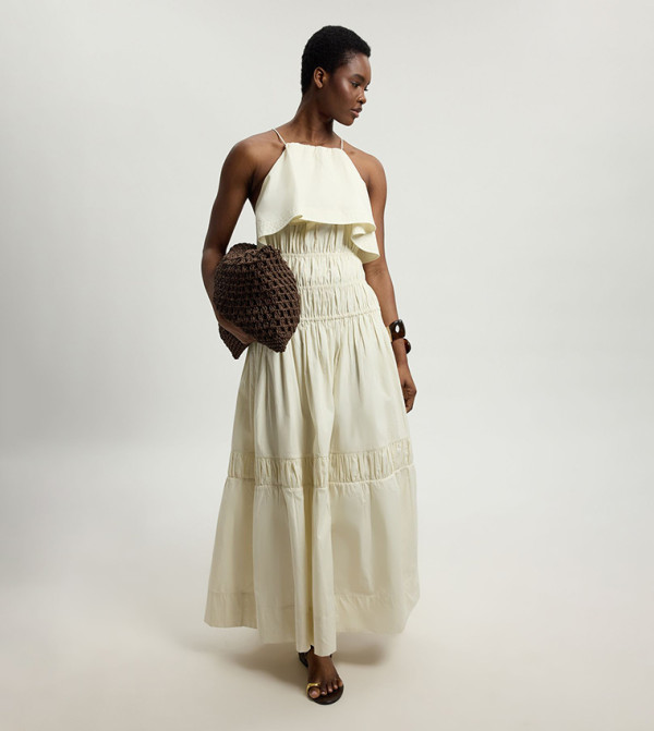 Shirred Cotton Poplin Halterneck Maxi Dress