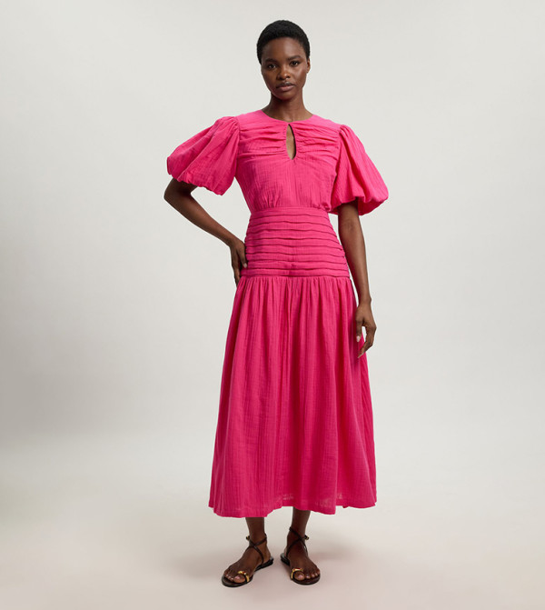 Double Cloth Balloon Sleeves Midi Dress