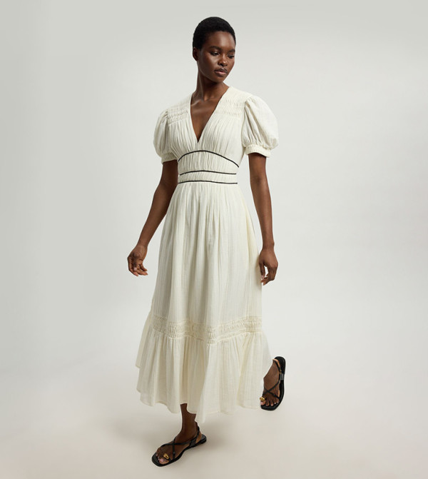 Double Cloth Contrast Piping Midi Dress