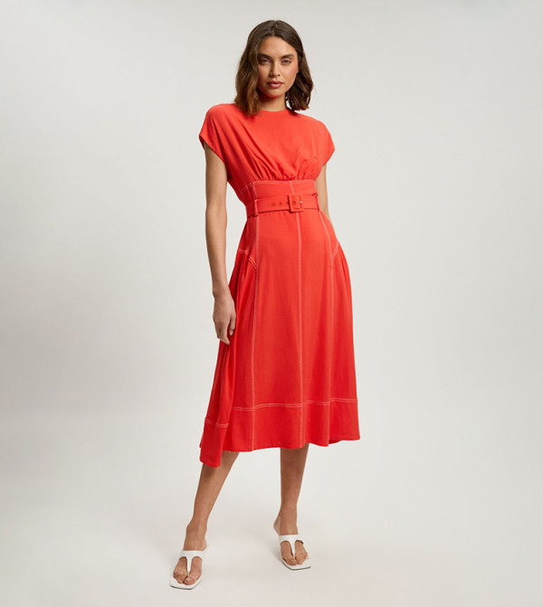 Contrast Topstitch Belted Midi Dress