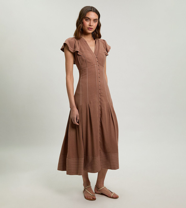 Contrast Topstitch Seam Detail Midi Dress