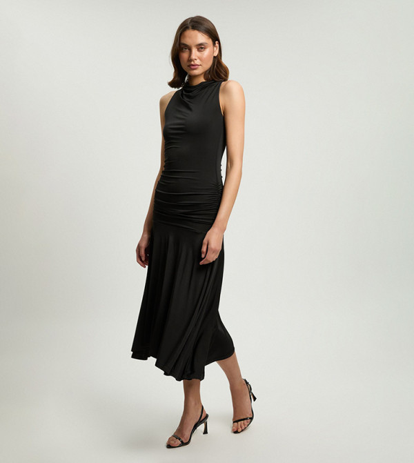 Petite Stretch Drapey Crepe Ruched Hanky Hem Midi Dress