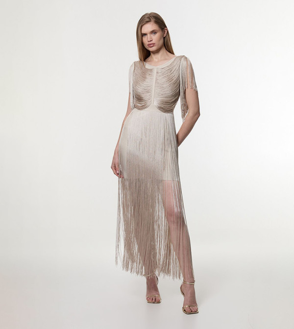Petite Draped Fringe Knitted Mini Dress