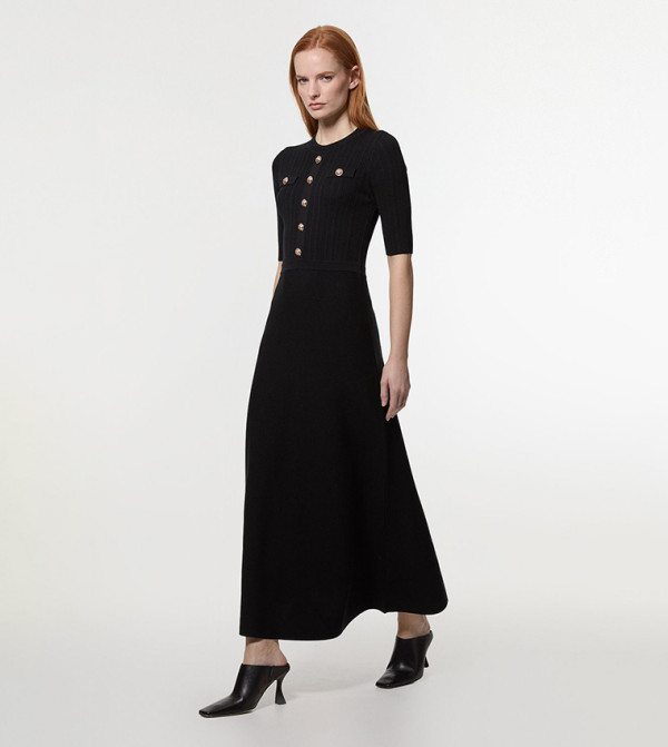 Petite Ribbed Knit Military Trim Maxi Dress