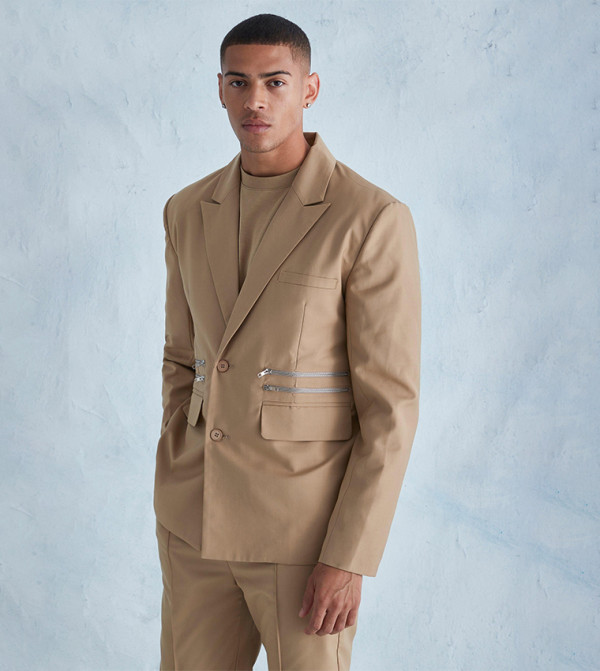 بليزر اوفرسايز سادة بسحاب أمامي بأكمام طويلة 