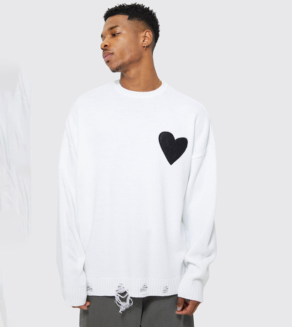 Distressed Hem and Heart Detail Crew Neck Oversized Sweater