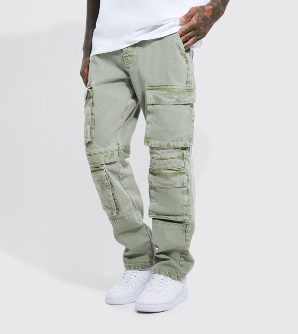 Washed Multi Pocket Relaxed Fit Cargo Jeans