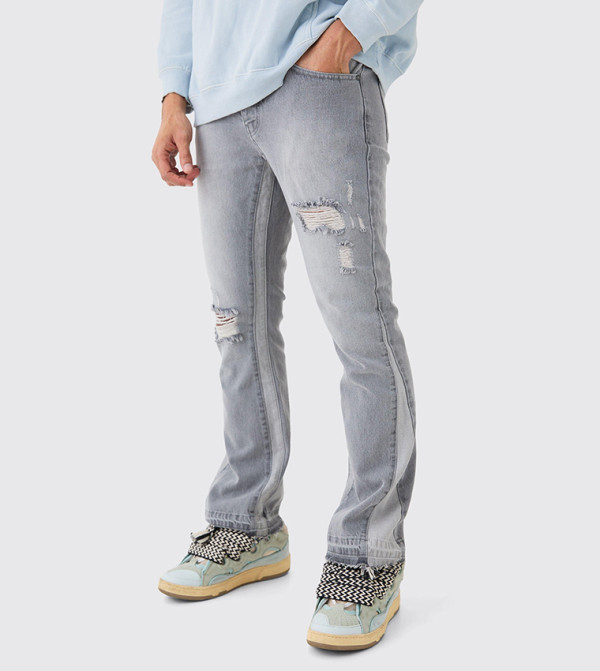 Distressed Gusset Panel Slim Fit Flared Jeans