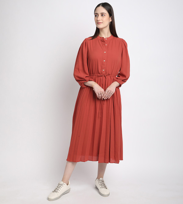 فستان ميدي برباط خصر وأكمام 3/4