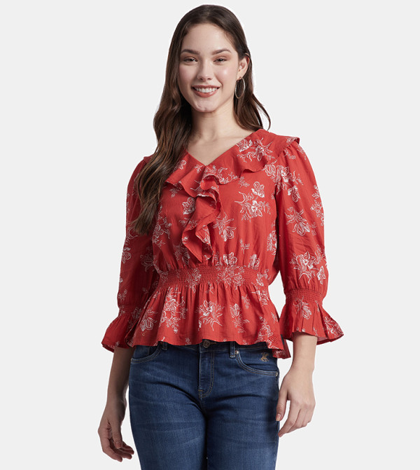 Printed 3/4 Sleeves Ruffle Top