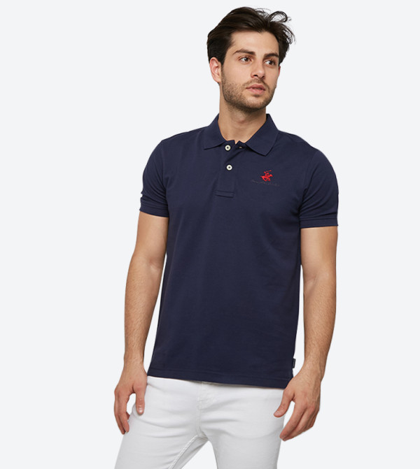 2-Button Placket Short Sleeve Polo Shirt - Navy