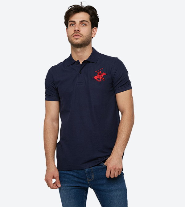 Embroidered Brand Logo Detail Short Sleeve Polo Shirt - Navy