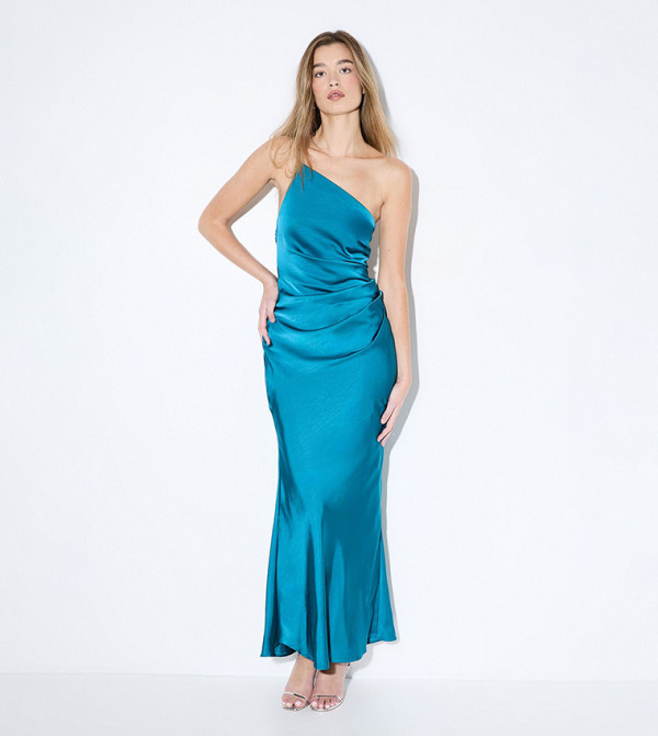 Satin Asymmetric Strap Pleated Waist Maxi Bridesmaid Dress