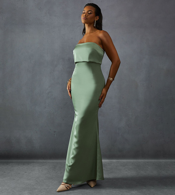 Premium Satin Bandeau Overlay Bridesmaid Maxi Dress