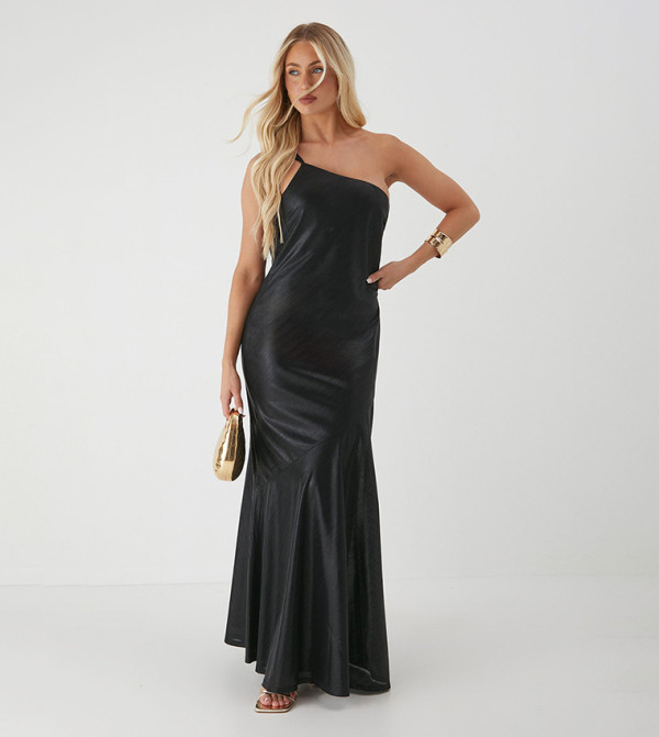 Asymmetric Neck Metallic Maxi Dress