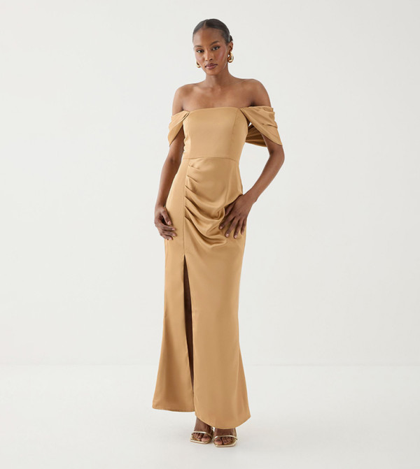 Bardot Ruched Satin Bridesmaid Maxi Dress