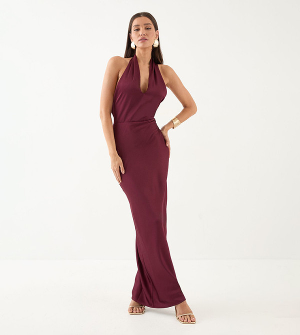Premium Satin Halterneck Cowl Back Maxi Bridesmaid Dress
