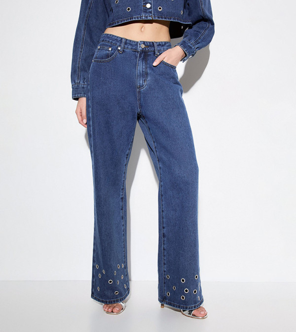 Eyelet Detail Wide Leg Jeans