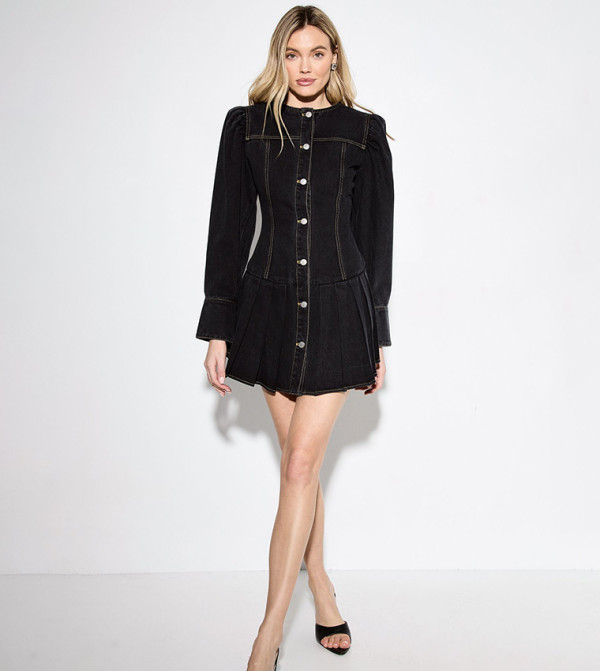 Premium Denim Pleated Hem Balloon Sleeves Mini Dress
