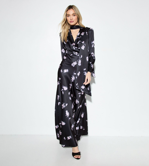 Premium Floral Print Tie Neck Maxi Dress