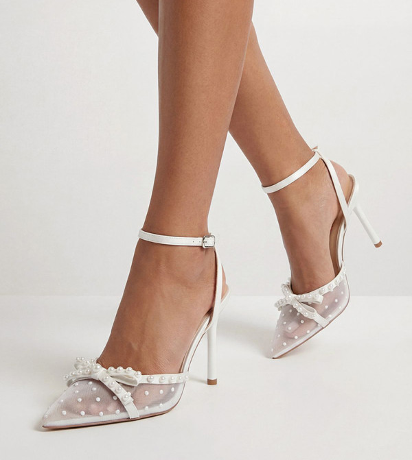 Pearl Mesh Bow Detail High Stiletto Heel Pumps