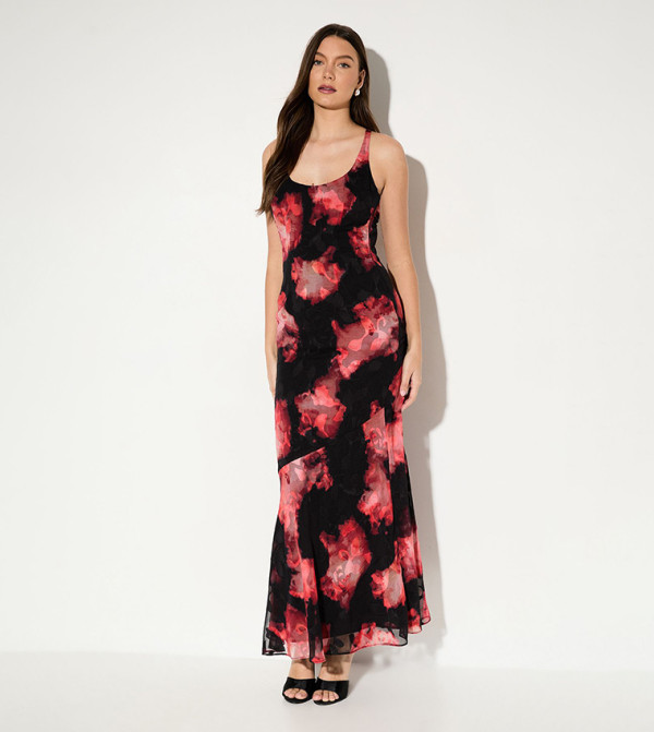 Floral Printed Chiffon Burnout Scoop Neck Bias Maxi Dress