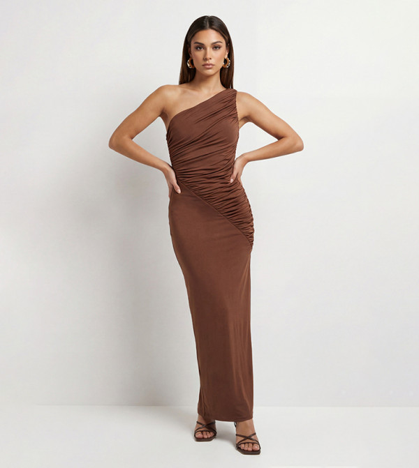Ruched Slinky One Shoulder Maxi Dress