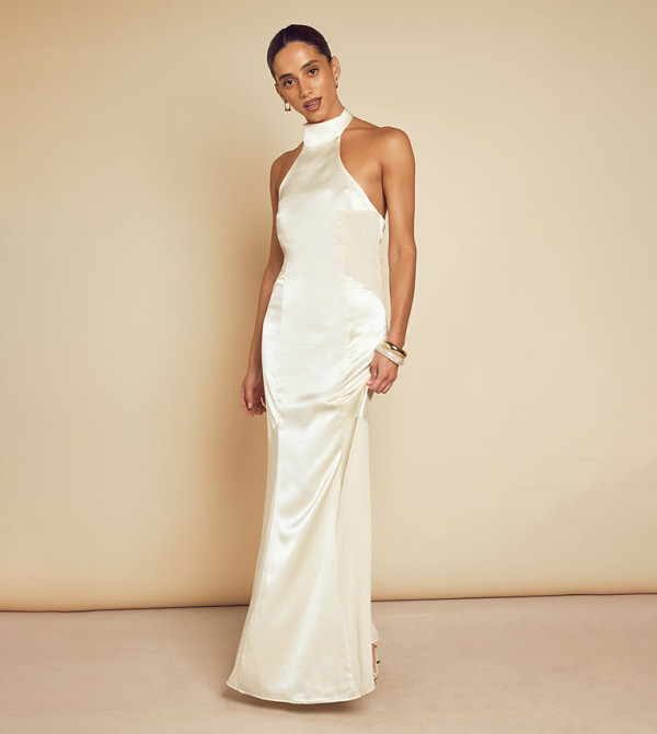 Halterneck Panelled Satin Maxi Dress