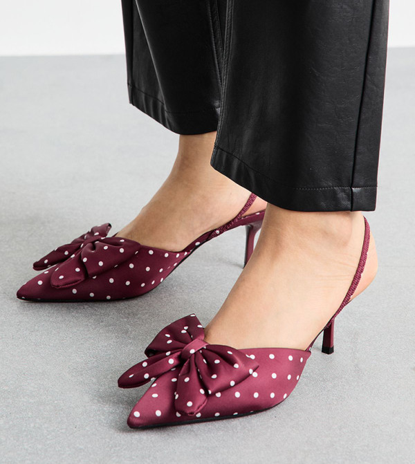 Satin Polka Dot Bow Detail Slingback Stiletto Heel Pumps