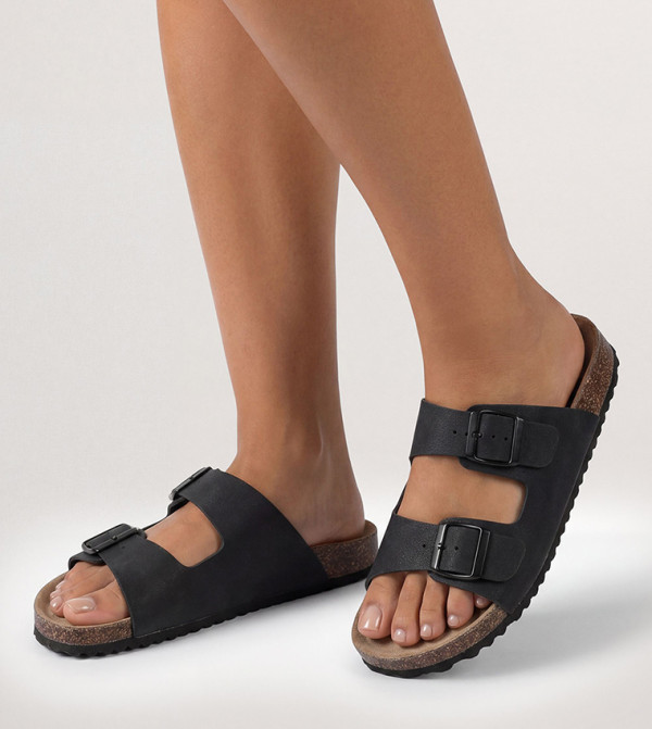 Faux Nubuck Suede Double Buckle Footbed Flat Sandals