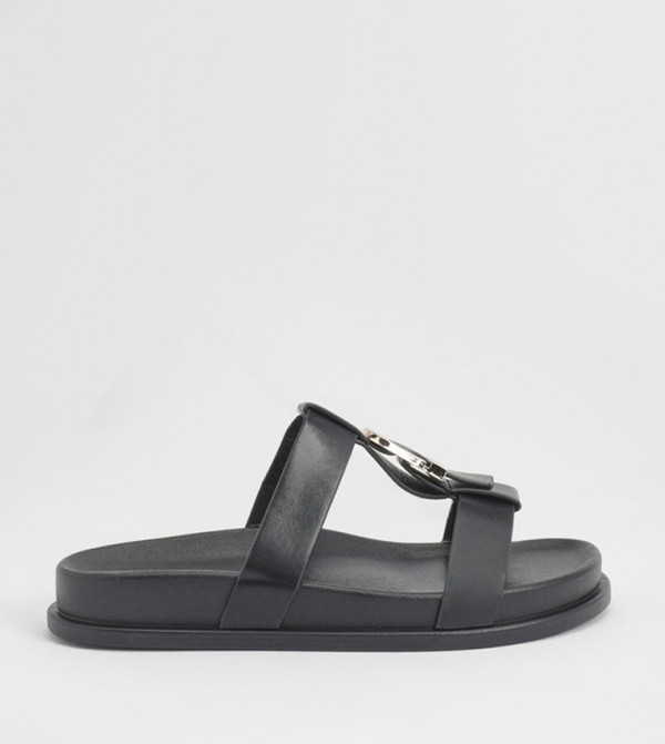 Faux leather Buckle Detail Footbed Flat Sandals