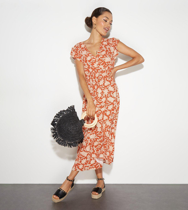 Petite Floral Print Ruffle Midi Dress