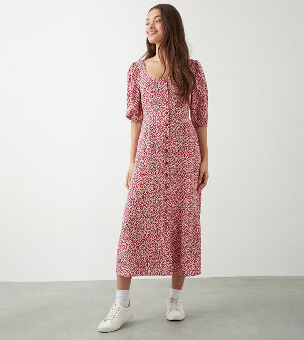 Petite Ditsy Floral Button Through Midi Dress