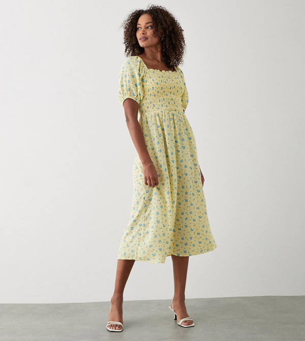 Yellow Ditsy Floral Shirred Midi Dress