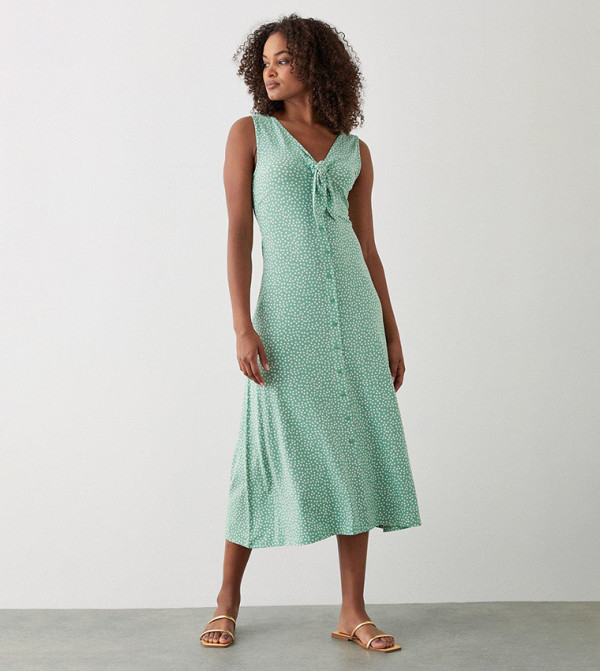 Sage Spot Button Through Midi Dress