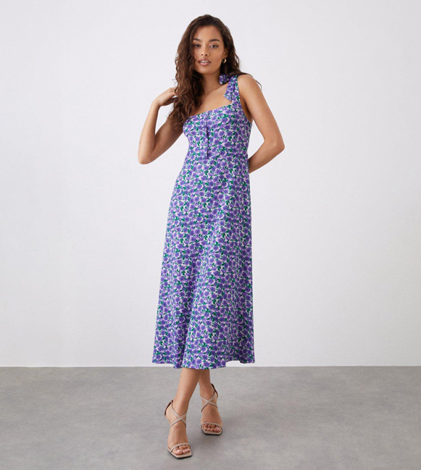 Floral Button Front Tie Shoulder Midi Dress
