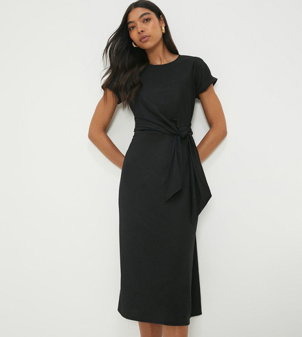 Black Tie Detail Short Sleeves Midi Dress