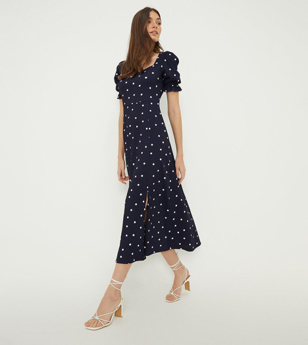 Navy Spot Sweetheart Neckline Midi Dress