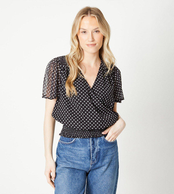 Polka Dots Chiffon Shirred Hem Wrap Top