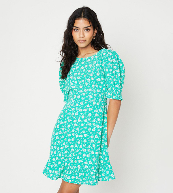 Petite Green Floral Frill Hem Mini Dress