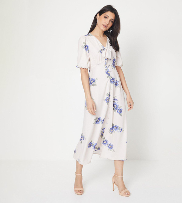 Ivory Floral Tie Front Button Through Midi Dress