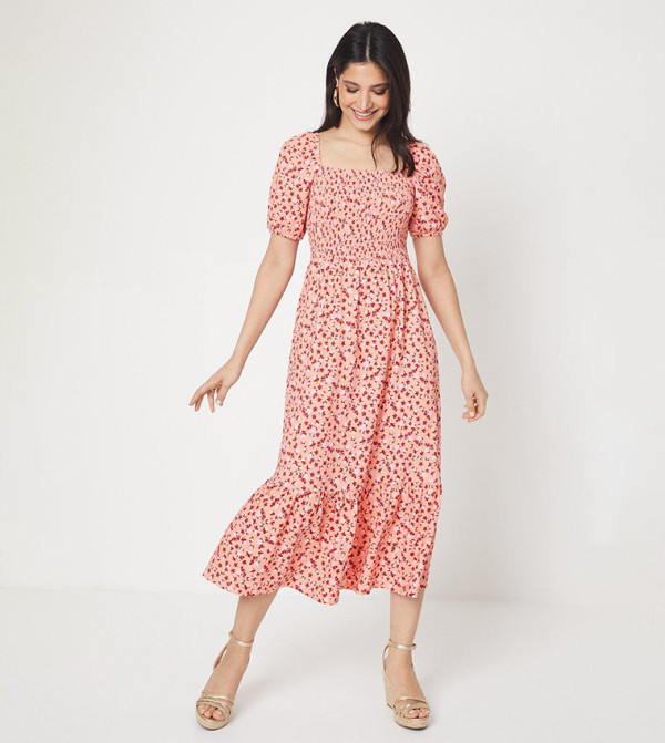 Printed Shirred Bodice Tiered Hem Midi Dress