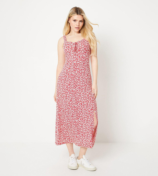 Red Ditsy Sweetheart Tie Front Midi Dress