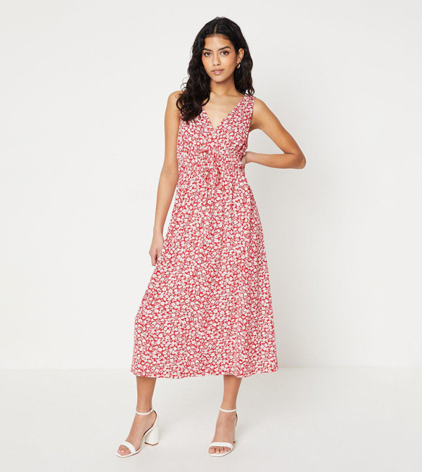 Petite Red Ditsy Channel Waist Midi Dress